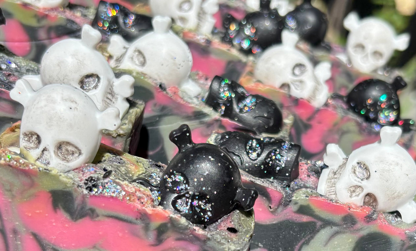 Assorted skull-shaped soaps with biodegradable glitter