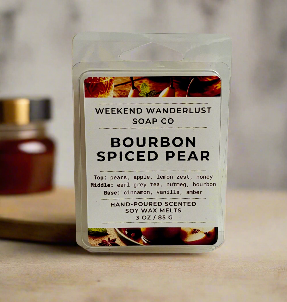 Bourbon Spiced Pear wax melt packaging with 'Weekend Wanderlust Soap Co' label on a neutral background