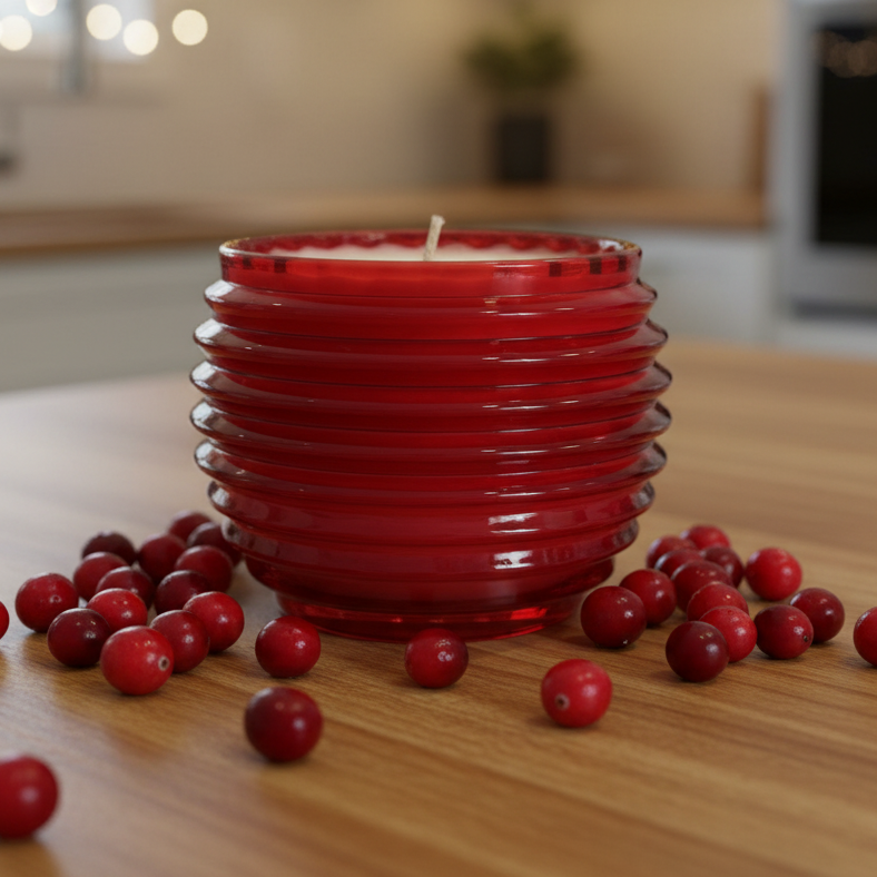 Red candle with berries on a wooden surface in a kitchen setting