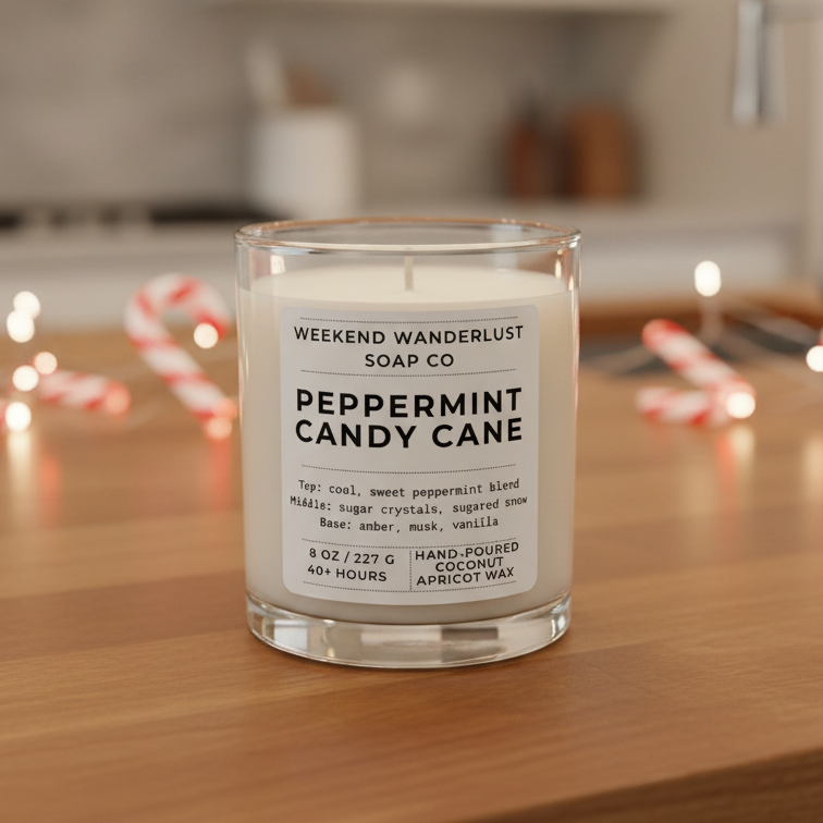 Candle labeled 'Peppermint Candy Cane' by Weekend Wanderlust Soap Co. on a kitchen counter.