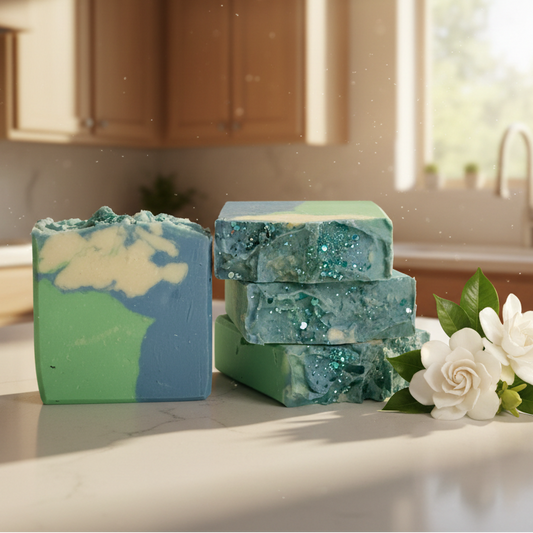 Stack of green and blue soap bars on a kitchen counter with flowers.