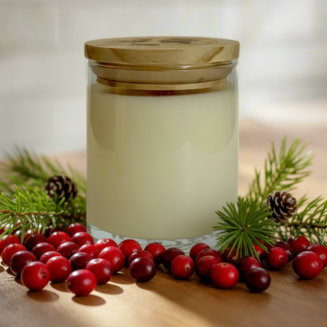 White candle in a glass jar with a wooden lid, surrounded by cranberries and pine branches on a light background.