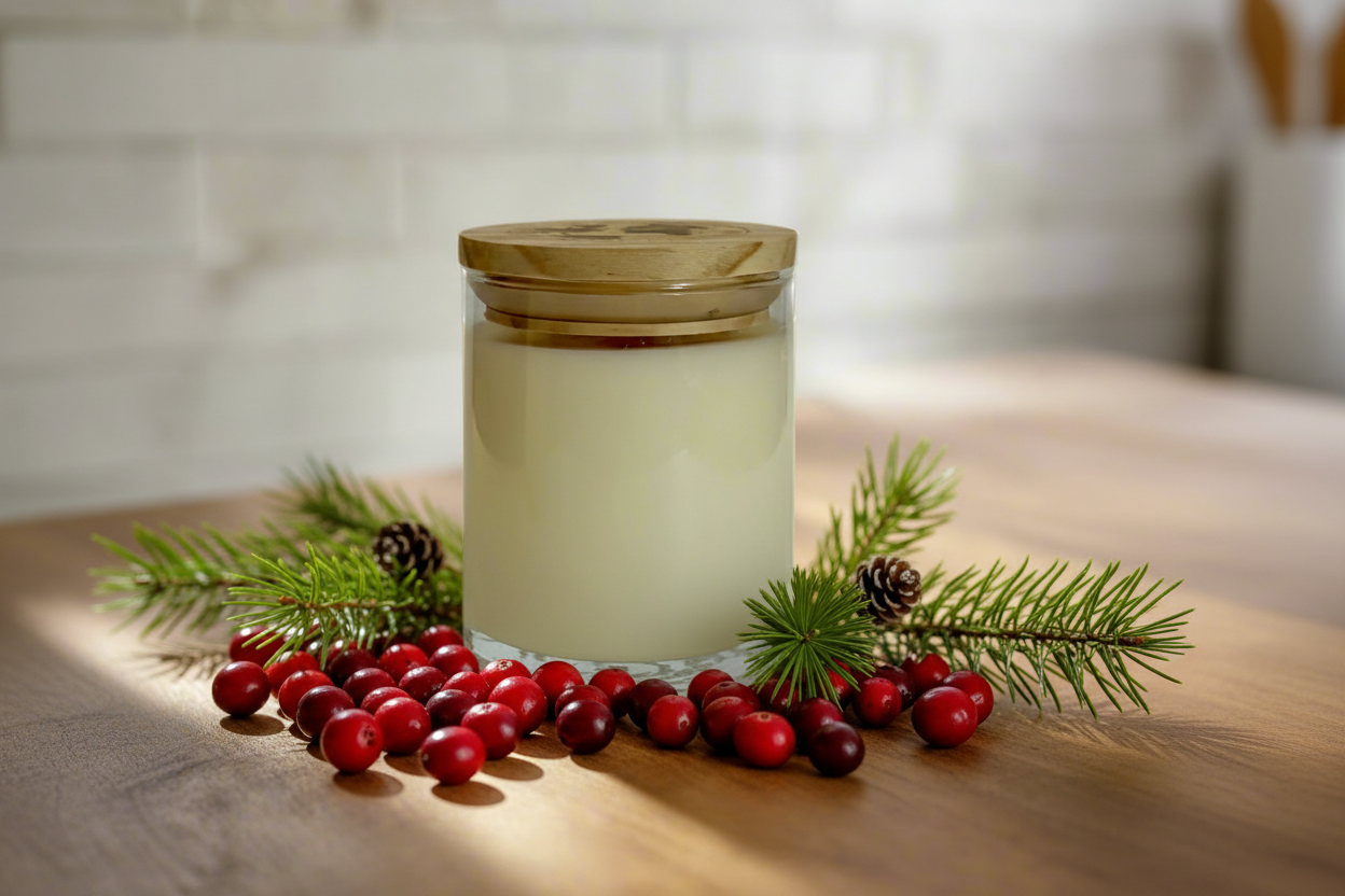 Candle with wooden lid surrounded by red berries and greenery on a wooden surface