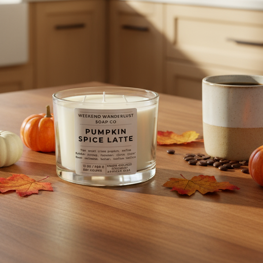 Pumpkin spice latte candle with a mug and pumpkins on a wooden table