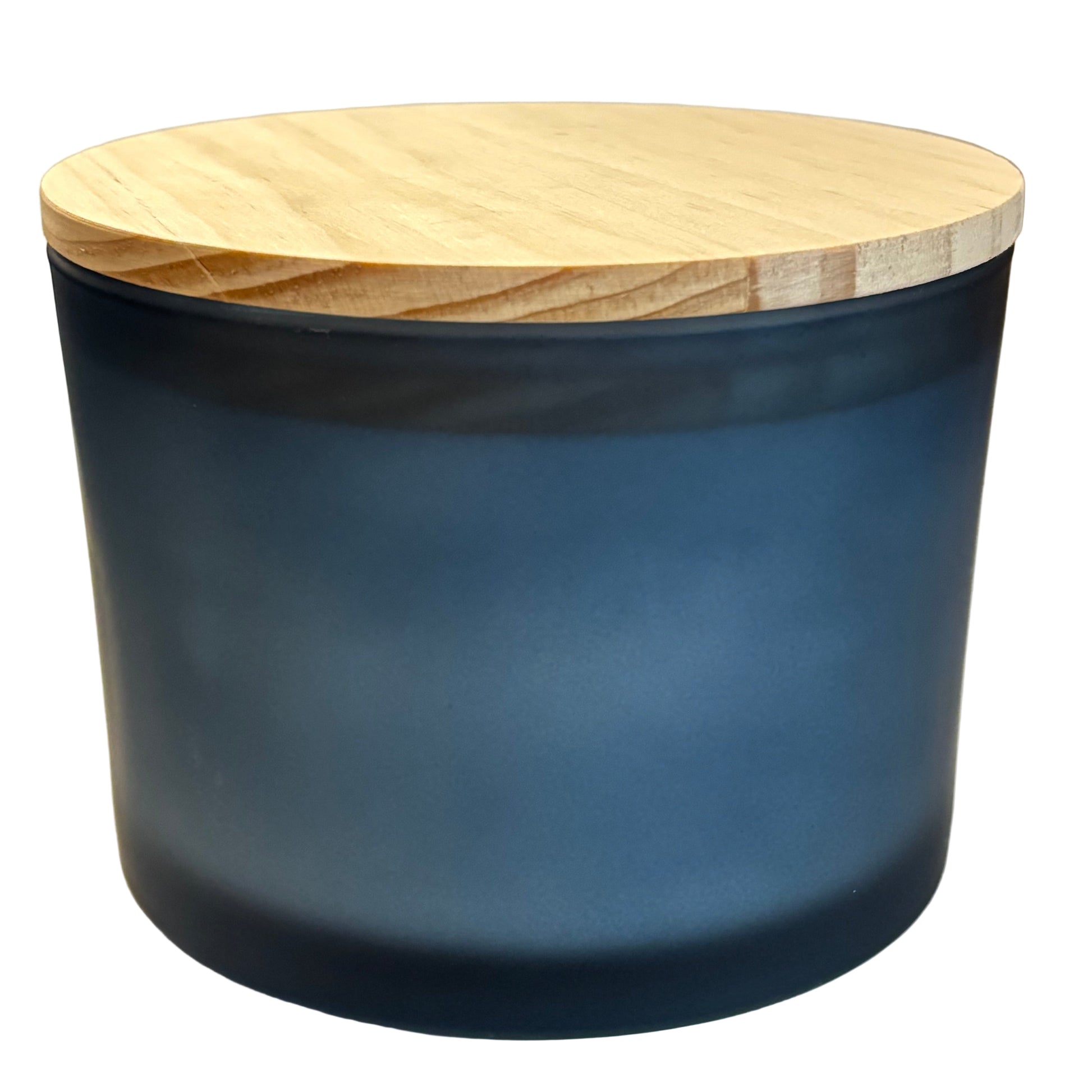 Cylindrical dark blue container with a wooden lid on a light background