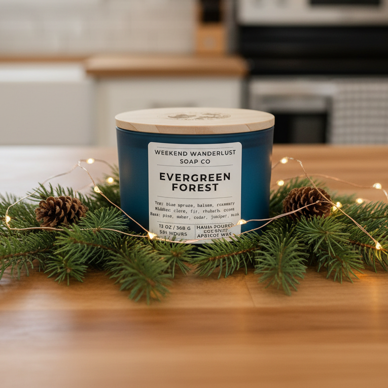 Candle labeled 'Evergreen Forest' from 'Weekend Wanderlust Soap Co.' on a kitchen counter with greenery and lights.