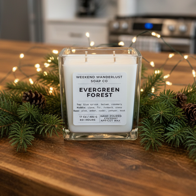 Candle labeled 'Evergreen Forest' on a kitchen counter with decorative lights and greenery.