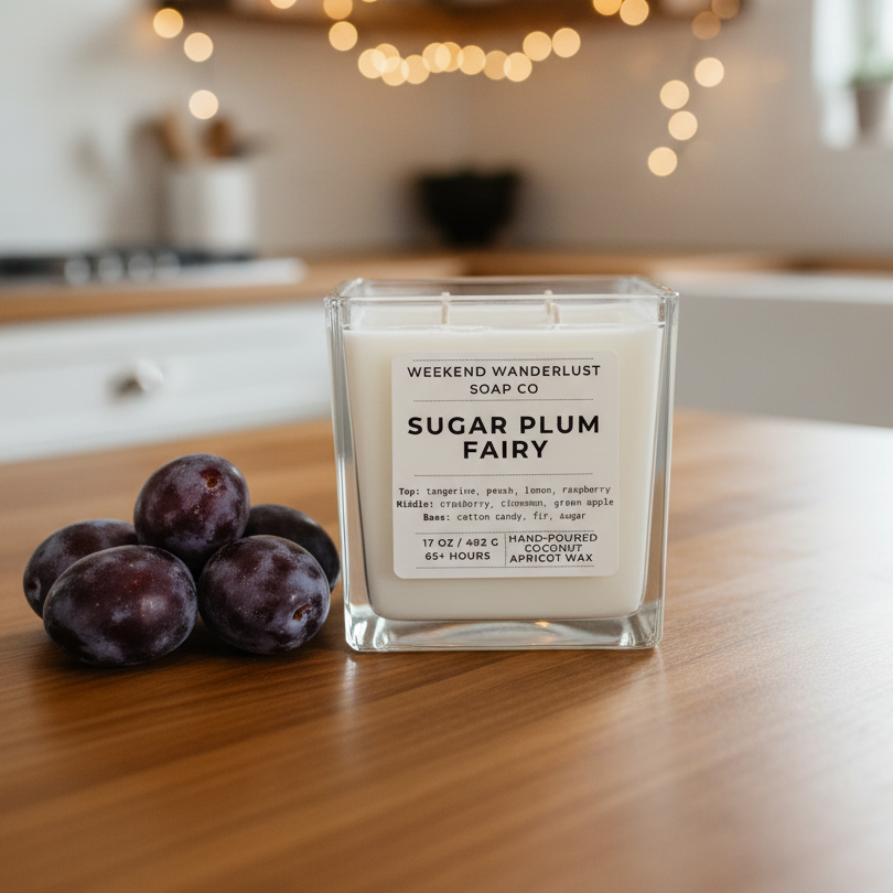 Candle labeled 'Sugar Plum Fairy' from Weekend Wanderlust Soap Co on a wooden surface with plums.