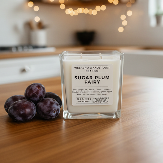 Candle labeled 'Sugar Plum Fairy' from Weekend Wanderlust Soap Co on a wooden surface with plums.