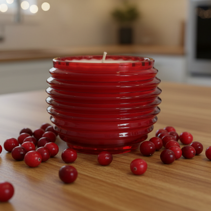 Red candle with berries on a wooden surface in a kitchen setting