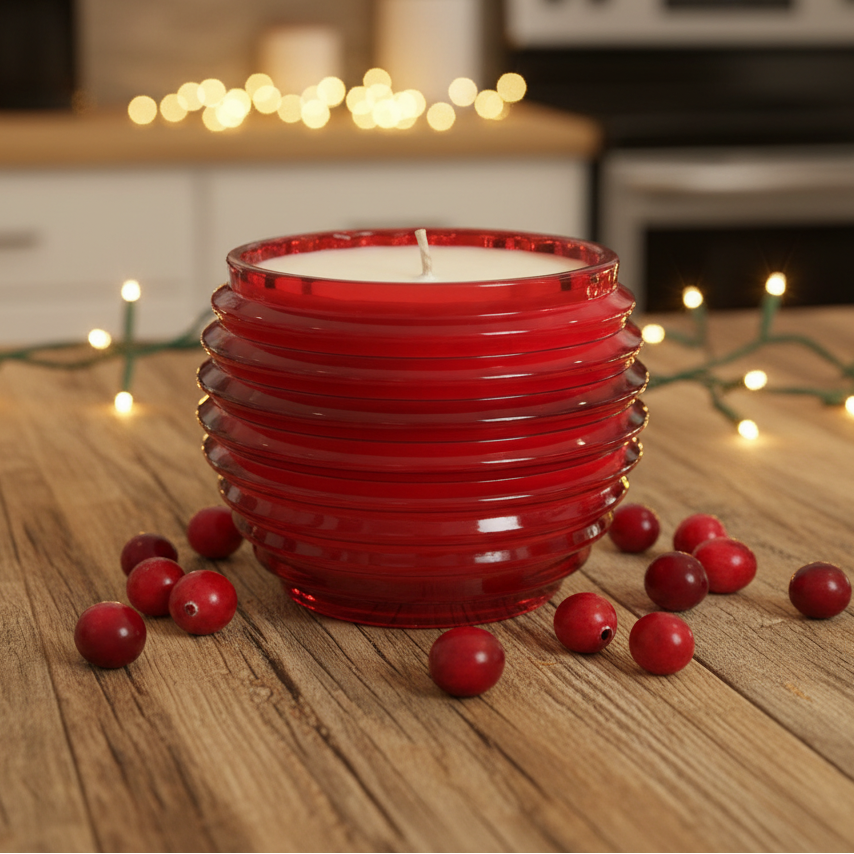 Red candle in a ribbed holder on a wooden surface with berries, blurred kitchen background