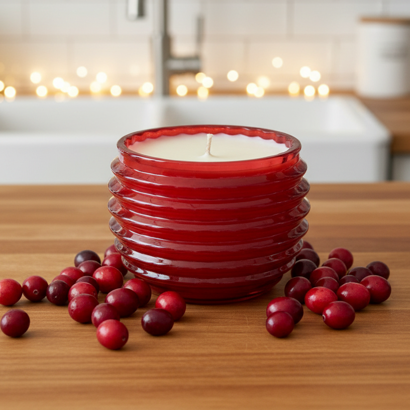 Red candle holder with a white candle on a wooden surface, surrounded by cranberries, with a blurred background of lights.