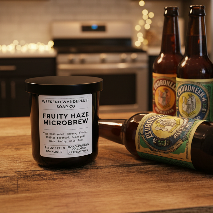 Bottles of microbrewery beer and a candle on a kitchen counter.