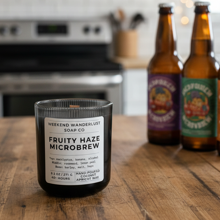 Candle labeled 'Fruity Haze Microbrew' on a kitchen counter with beer bottles in the background.