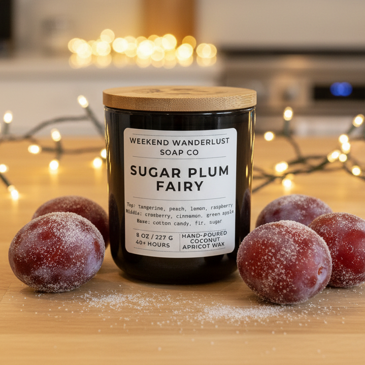 Candle labeled 'Sugar Plum Fairy' from Weekend Wanderlust Soap Co on a wooden surface with decorative lights in the background.