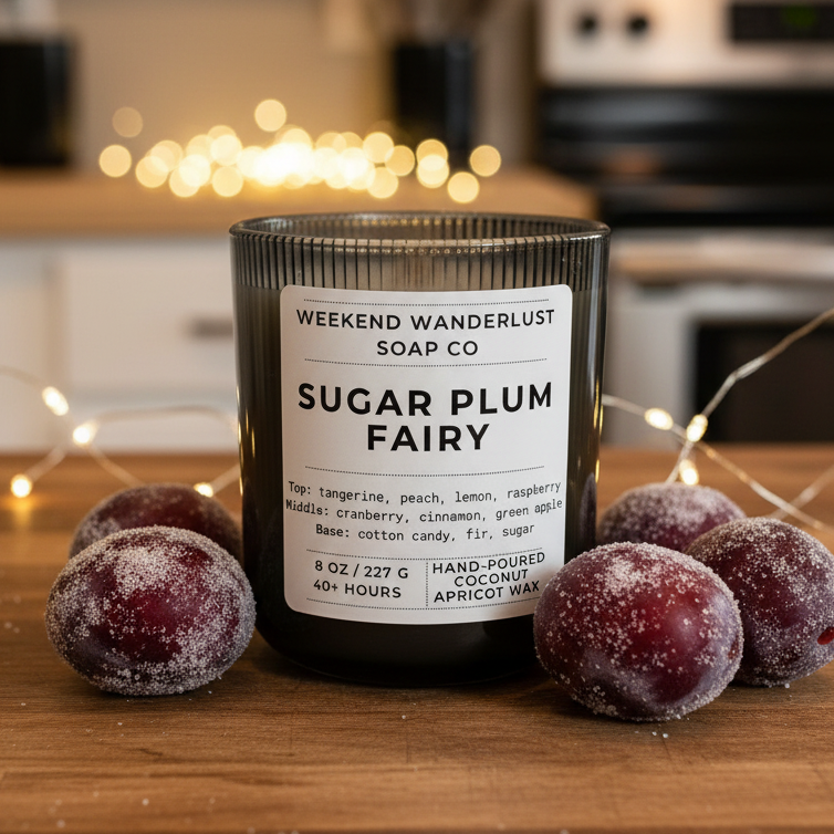 Candle labeled 'Sugar Plum Fairy' from Weekend Wanderlust Soap Co on a wooden surface with decorative plums.