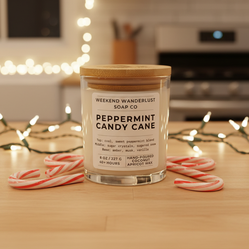 Candle labeled 'Peppermint Candy Cane' by Weekend Wanderlust Soap Co on a wooden surface with candy canes and string lights in the background.