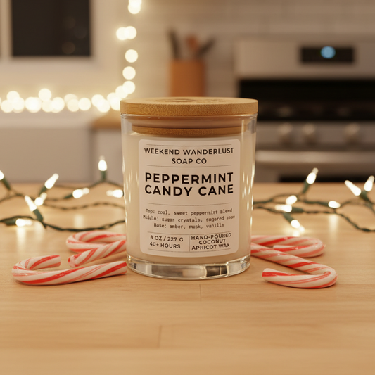 Candle labeled 'Peppermint Candy Cane' by Weekend Wanderlust Soap Co on a wooden surface with candy canes and string lights in the background.