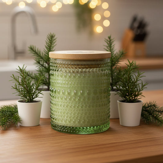 Green textured jar with wooden lid on a wooden surface with plants and blurred background