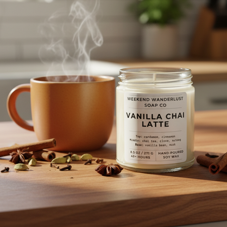 Vanilla Chai Latte candle with a steaming mug on a wooden surface