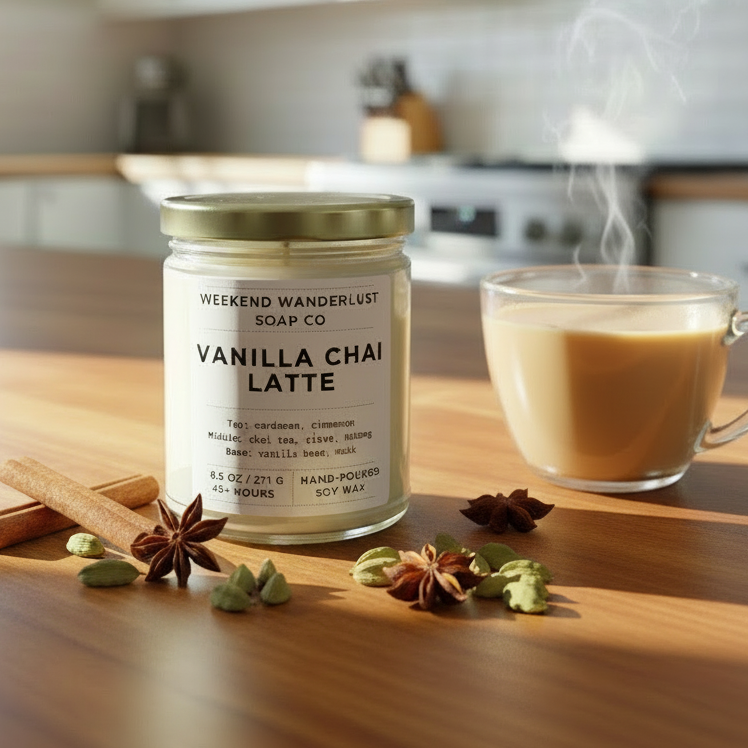 Jar of 'Vanilla Chai Latte' candle on a kitchen counter with a steaming cup of coffee.