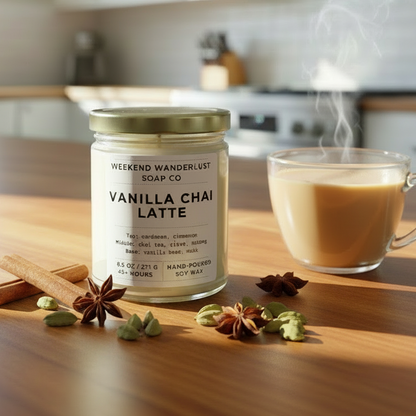 Jar of 'Vanilla Chai Latte' candle on a kitchen counter with a steaming cup of coffee.