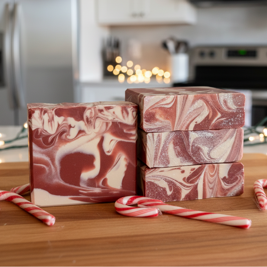 Marbled soap bars with candy canes on a kitchen counter