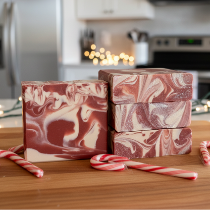 Marbled soap bars with candy canes on a kitchen counter