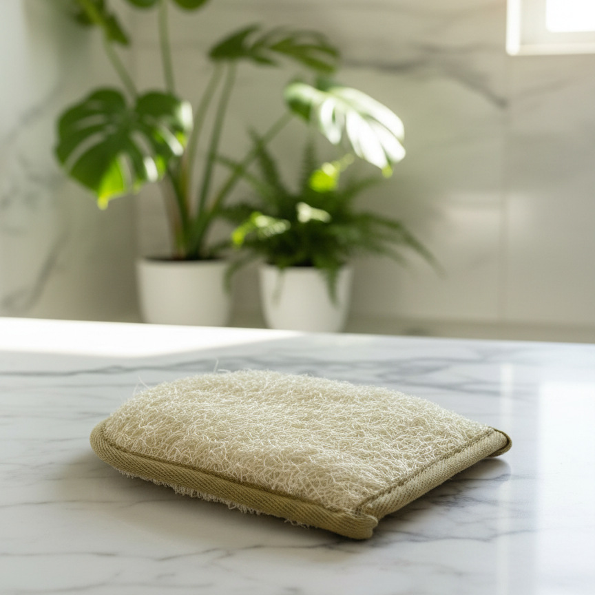 Loofah mitt on a marble surface with plants in the background