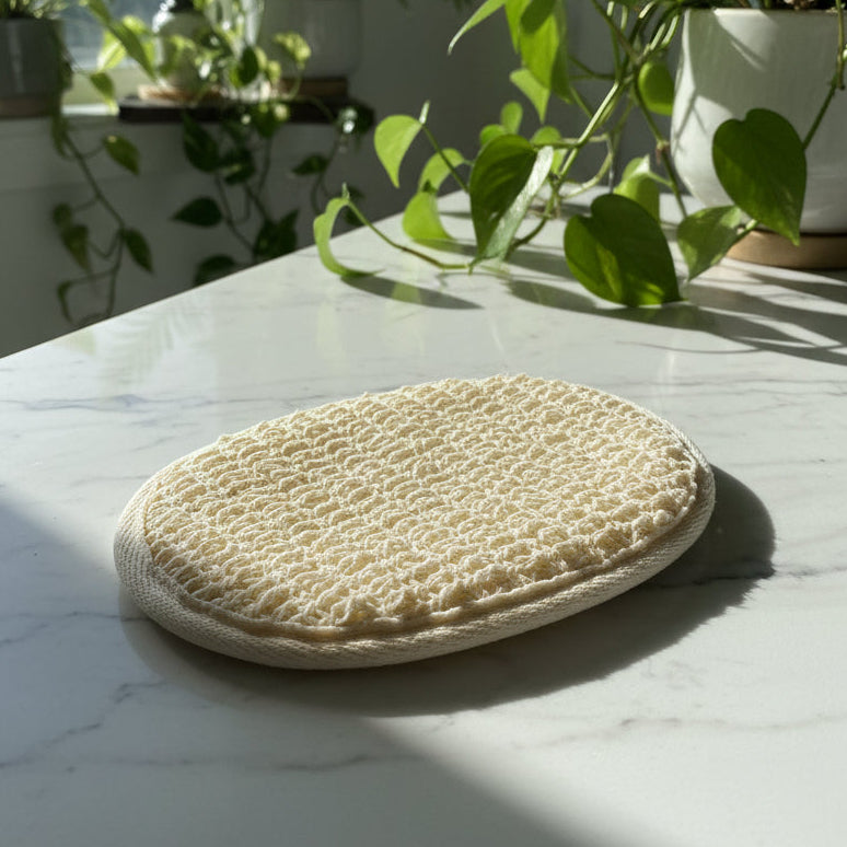 Natural loofah pad on a marble surface with plants in the background