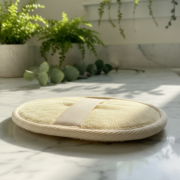 Round woven mat on a marble surface with plants in the background