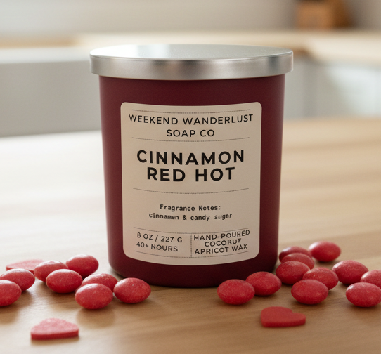 Candle labeled 'Cinnamon Red Hot' from Weekend Wanderlust Soap Co on a wooden surface with red candies.
