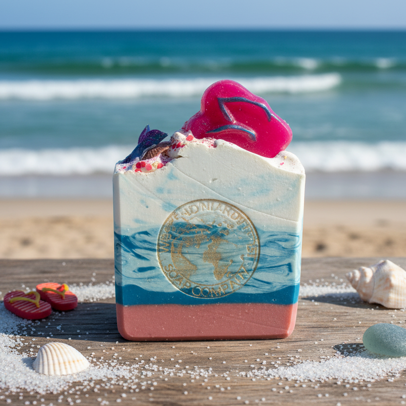 Bar of soap with a beach theme on a wooden surface near the ocean.