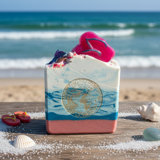 Bar of soap with a beach theme on a wooden surface near the ocean.